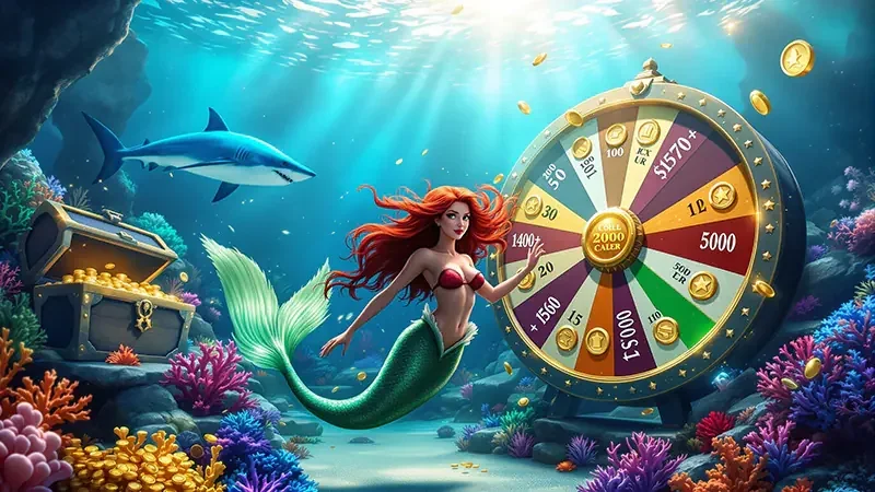 Visual permainan tembak ikan dengan target laut berwarna